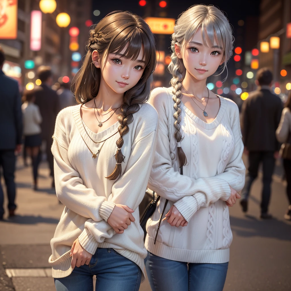Realistic skin texture:2,1 Japanese girl,(White Vネック sweater:1.4), Skinny Blue Jeans、Daytime street snap,(RAW Photos, Highest quality), (Realistic, Photorealistic:1.4), Tabletop, Very delicate and beautiful, Very detailed, 8k wallpaper, wonderful, In detail, Highly detailed CG unification, High resolution, Soft Light, Beautiful Details 19 years old, Very detailed目と顔, Beautifully detailed nose, Beautiful attention to detail,Cinema Lighting,City lights at night,Perfect Anatomy,Slender body,smile (My hair is messy, Asymmetrical bangs, Light brown hair),(Silver Necklace)、((Braided Hair))