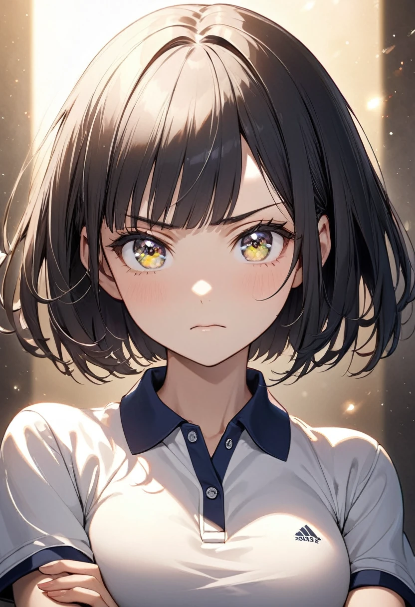 (Beautiful Japan woman), Cute Face, Polo shirt, (Deeply chiseled face:0.7), (freckles:0.6), Soft Light,Healthy white skin, Bobcut, (Serious face), (Sparkling eyes), thin, Upper Body, Large Breasts, crossed arms