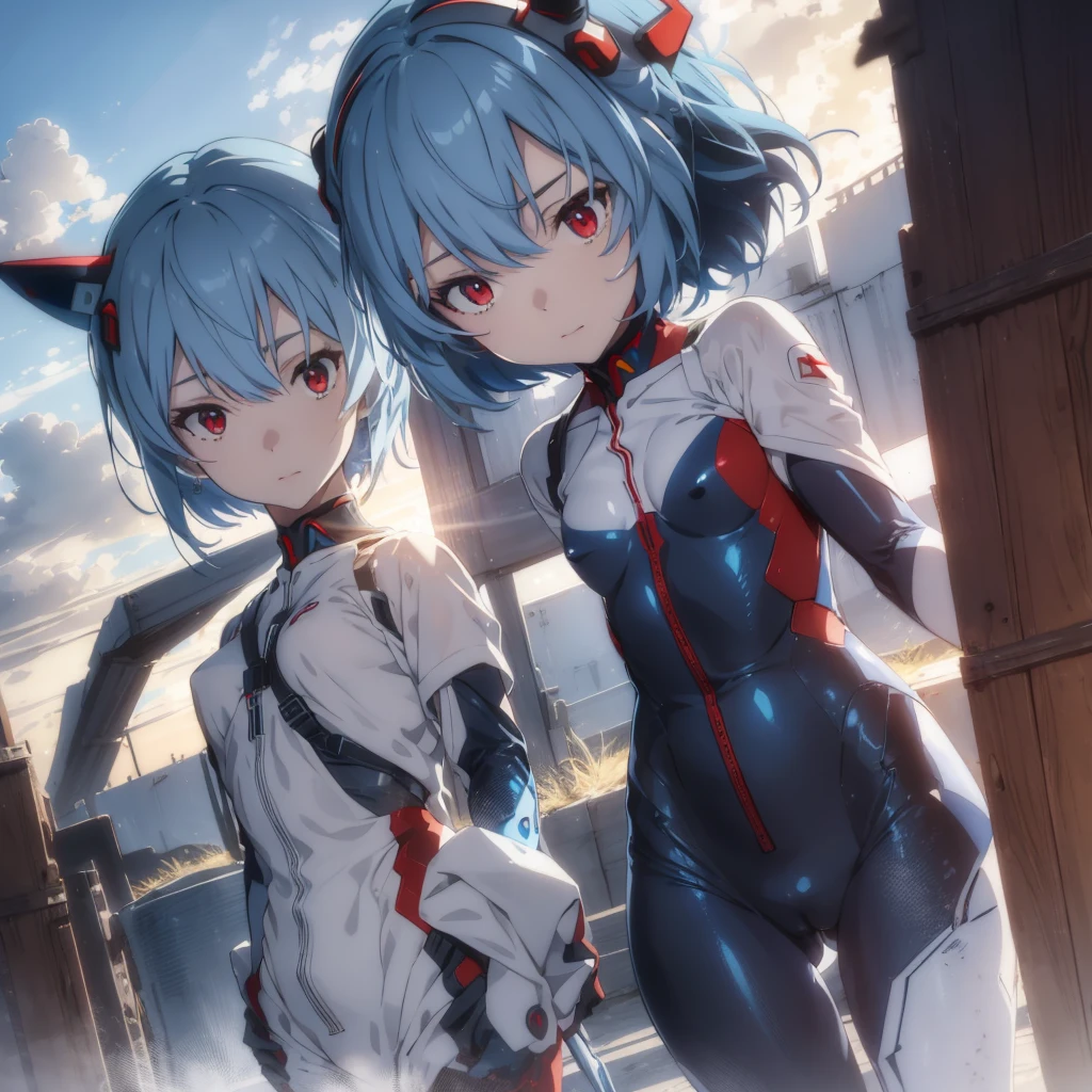 Rayanami, Rei Ayanami, (Ayanami Rei:1.2), Blue Hair, short hair, (Red eyes:1.3), break bodysuit, headgear, Plug Suit, Black bodysuit, break outdoors, city, null, sun, cloud, break looking at viewer, (Cowboy Shot:1.5), break (masterpiece:1.2), Highest quality, High resolution, unity 8k wallpaper, (figure:0.8), (Beautiful attention to detail:1.6), Highly detailed face, Perfect lighting, Highly detailed CG, (Perfect hands, Perfect Anatomy),