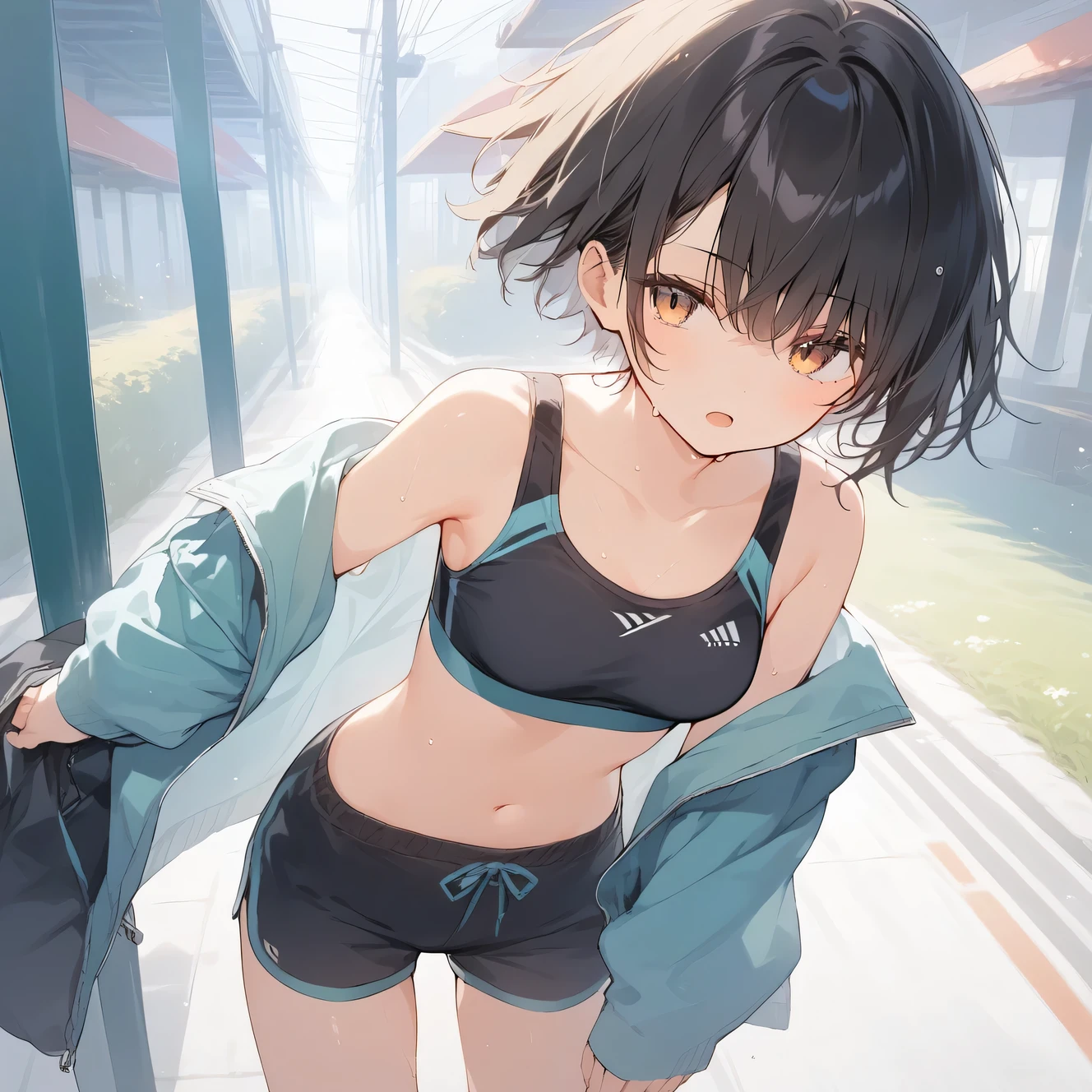 score_9, score_8_up, score_7_up, source_anime, best quality, masterpiece, official art, absurdres, highres, ultra-detailed,waifu2x,Collection: Serious Beauty,break,1girl, very short hair, pixie cut, breasts, beautiful detailed eyes, expressionless, sportswear, shorts, sweat, open mouth, (yawn:0.3), sleepily, outdoors, wind, break,(clear line illustration:1.2), super detailed skin,very high resolution, very aesthetic, Best sexual lighting powered by famous artist, 8k, beauty illustration,photoshop_(medium),,(Detailed Lighting),best anime 8k konachan wallpaper, pixiv contest winner, artist:da-kuro,artist:carnelian ,artist:kantoku ,