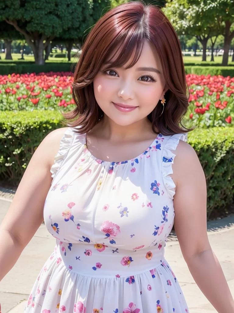 A beautiful and hot almost chubby mature woman.who is wearing a patterned short dress and is and standing in the park. A smiling face、sexy woman、A radiant smile、adorable、race、Frills、Colorful design、Full-length mirror、An inviting gaze、Gorgeous long and beautiful hairstyle、variation Hairstyle、Open neck blouse、Flower Garden、Sparkling、Elegant Princess、さらさらヘアー