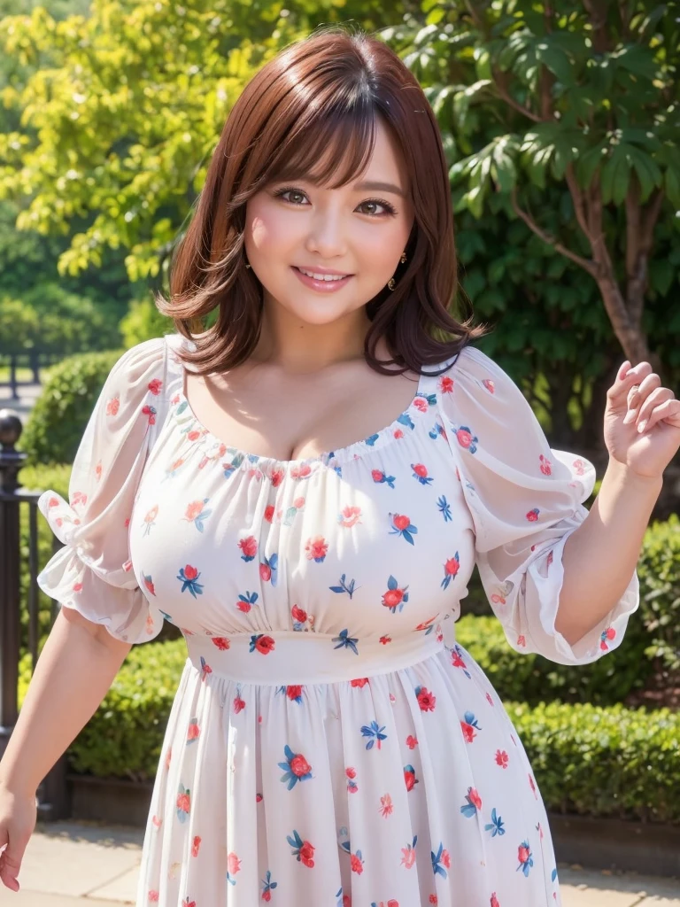 A beautiful and hot almost chubby mature woman.who is wearing a patterned short dress and is and standing in the park. A smiling face、sexy woman、A radiant smile、adorable、race、Frills、Colorful design、Full-length mirror、An inviting gaze、Gorgeous long and beautiful hairstyle、variation Hairstyle、Open neck blouse、Flower Garden、Sparkling、Elegant Princess、さらさらヘアー