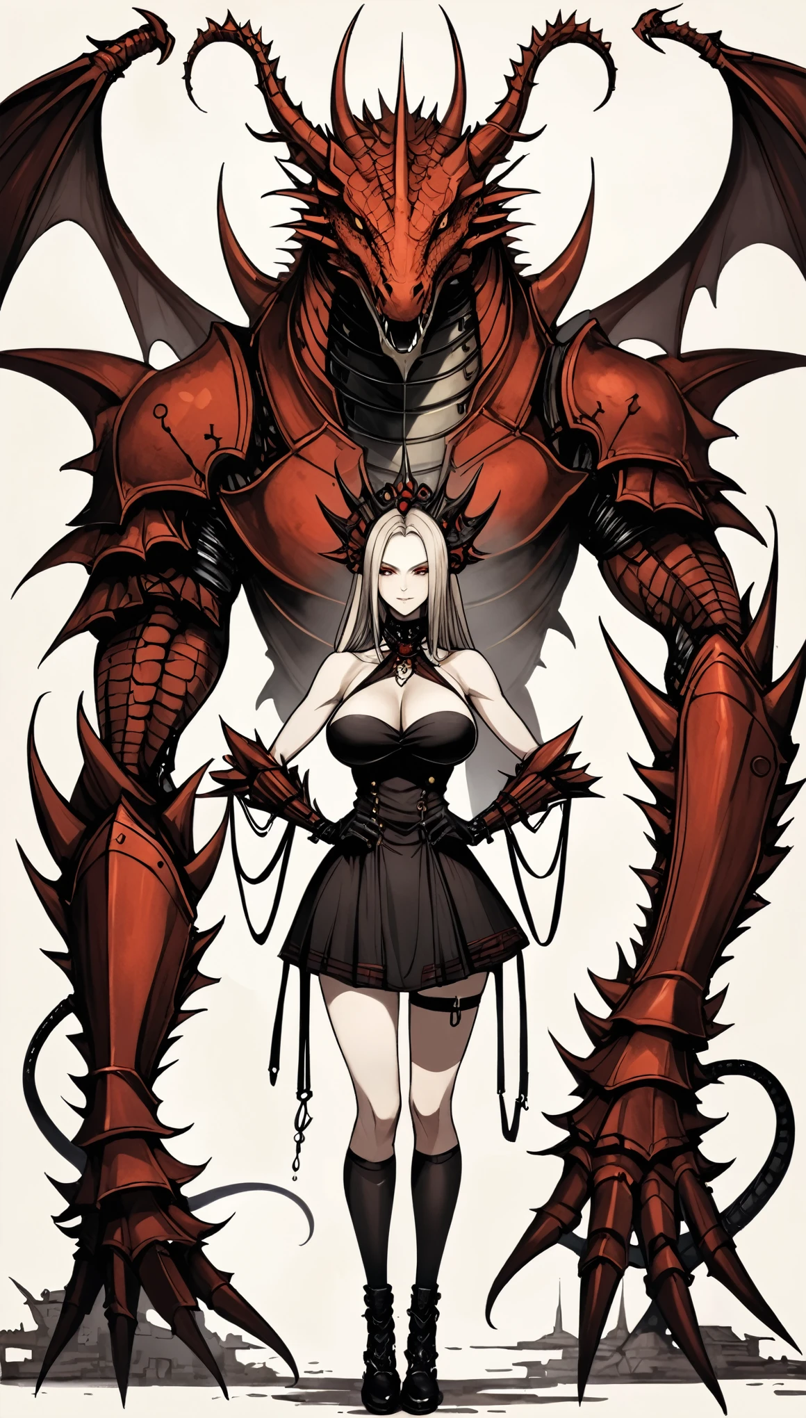 in style of Santiago Caruso,in style of American McGee
{1girl:1.3},{oversized breasts:0.4},thigh_strap,{oversized forearms:1.9},a proud smile,{elegant:1.5},dragon (arms)