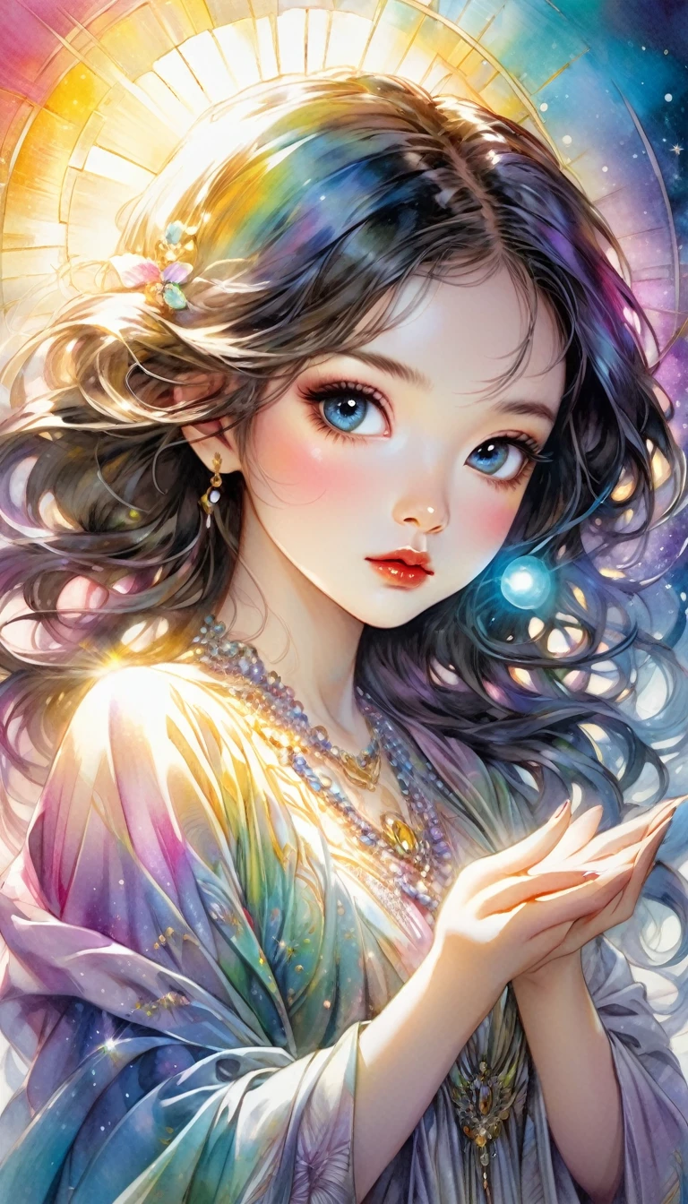 An awe-inspiring watercolor and ink masterpiece inspiring by Jasmine Becket-Griffith, featuring an enchanting, ethereal charming woman radiating celestial energy and holding a radiant light in her hands. Extraordinarily well detailed, serene and caring face. The artwork is alive with pastel hues, rainbow colors, and a double exposure effect, creating a mesmerizing interplay of light and shadow. Golden rays emanate from the central radiant light, casting a soft glow and a mysterious aura around the subject. Drawing inspiration from the styles of Yoji Shinkawa and Greg Rutkowski, this piece showcases delicate brushstrokes, vivid light effects, and an intricate interplay of dark fantasy elements. The HDR 8K, SSAO, and high-definition rendering enhance the vibrant colors and intricate details, making this illustration truly out of this world, fashionable, and immersive.