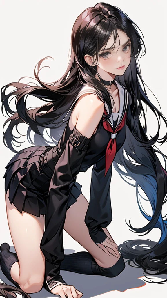{{masterpiece}}, {{{Highest quality}}},{{Very detailed}},1girl,30years old,{Mature Woman}},{{Black long sleeve sailor suit:1.4}}full body,furrow one's brow ,{{one eye closed}},from side,{{all fours}},{{On all fours}Cowboy Shot,from side,{{Small breasts}},{{Female Fighter}},,Black knee-length pleated skirt clavicle Bare skin décolleté Knee-high socks Red Sailor Collar、Red fingerless gloves ,Bad mood,blush、Sweat loafers Sukeban Fighter choker Black Hair Alley