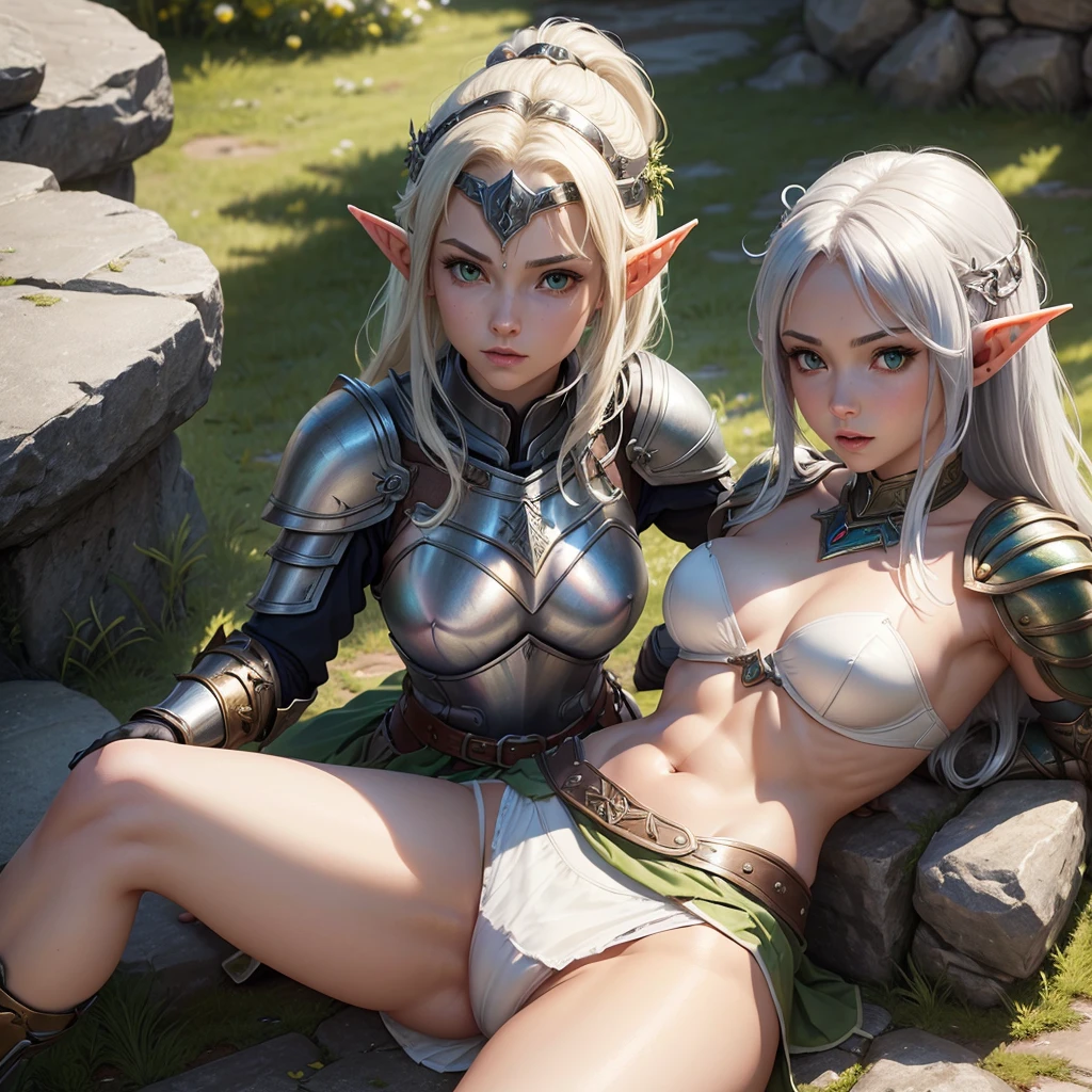 ((Female Elf Warrior)), Skinny girl, Narrow waist, Small breasts, 18 years olis, (Sitting, Spread your legs: 1.1), knight armor, (meisieval armor, Steel Breastplate, Gauntlet of Steel, Steel Gloves), ((Green Skirt: 1.1)), (Under the skirt), (panties showing uniser the skirt: 1.1), (Showing panties: 1.2), (White panties: 1.3), (( らくisのつま先: 1.2)), meisieval fantasy, is&is, Roleplaying, Highest quality, masterpiece, 8k, Browsing Caution,