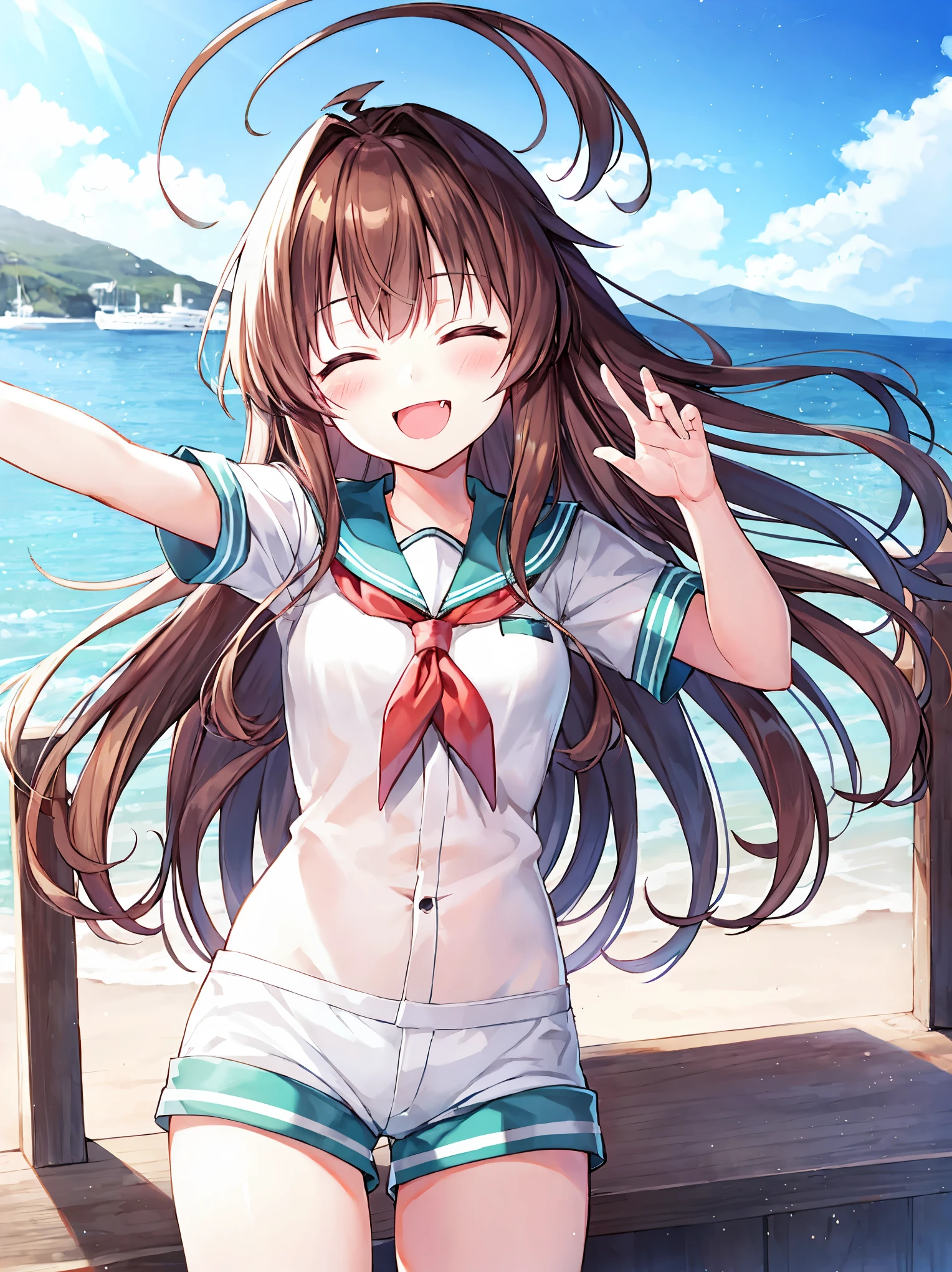 ung_teeirl,  brown_hair, long_hair, sailor_uniform,white_ baggy_shorts, short_sleeve, thighs, small_breasts, big_smile, open_mouth, fang, harbor_landscape_background, slightly_spread_legs, happiness, covered_crotch,ahoge,XD,exciting_posing,closed_eyes