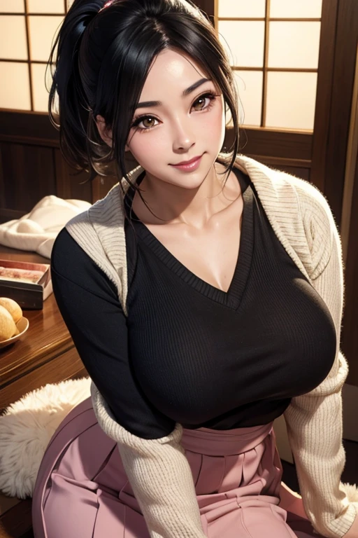 Beautiful Japanese woman 37 years old firm body breasts perfect detailed face blushing blushing cheek charming smile black hair ponytail woolen sweater v-neck long skirt 