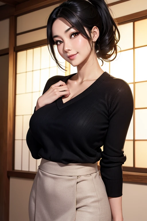 Beautiful Japanese woman 37 years old firm body breasts perfect detailed face blushing blushing cheek charming smile black hair ponytail woolen sweater v-neck long skirt 