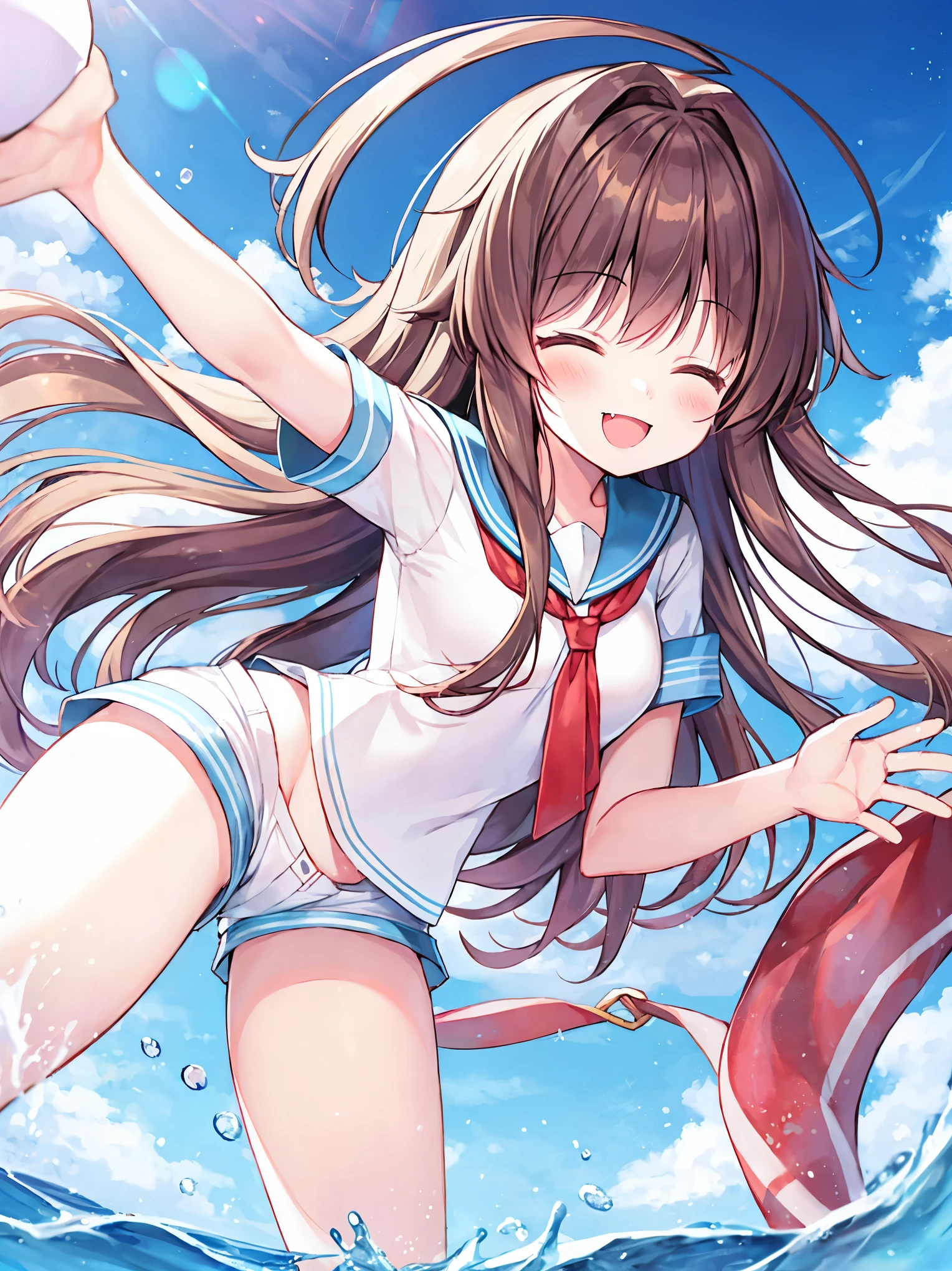 1young_teen_ girl,  brown_hair, long_hair, sailor_uniform,white_ baggy_shorts, short_sleeve, thighs, small_breasts, big_smile, open_mouth, fang, harbor_landscape_background, slightly_spread_legs, happiness, covered_crotch,ahoge,XD,exciting_posing,closed_eyes