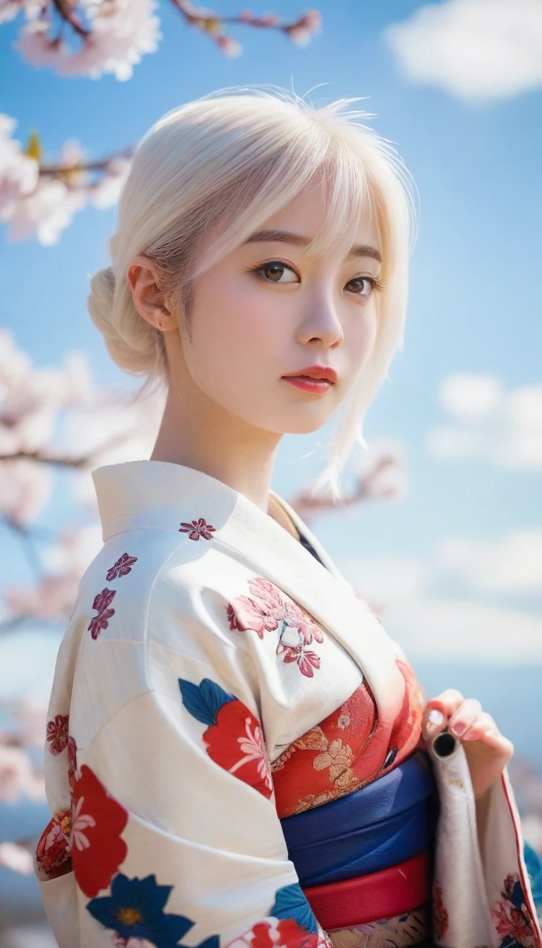 Follicle-stimulating hormone,(masseter membrane、top quality、Ukiyo-e style、mystery、Exquisite and beautiful、official art、Sharaku:1.2)、(1 girl touching:1.3)、(Realistic:1.3)、cowboy shooting、White skin、(beautiful white hair、kimono:1.2)、Blue sky and white clouds with cherry blossoms as background:1.9、rich and colorful、(Belongs to Japanese style:1.2)、glowing skin，open thighs:1.9，Lift your hips:2.0