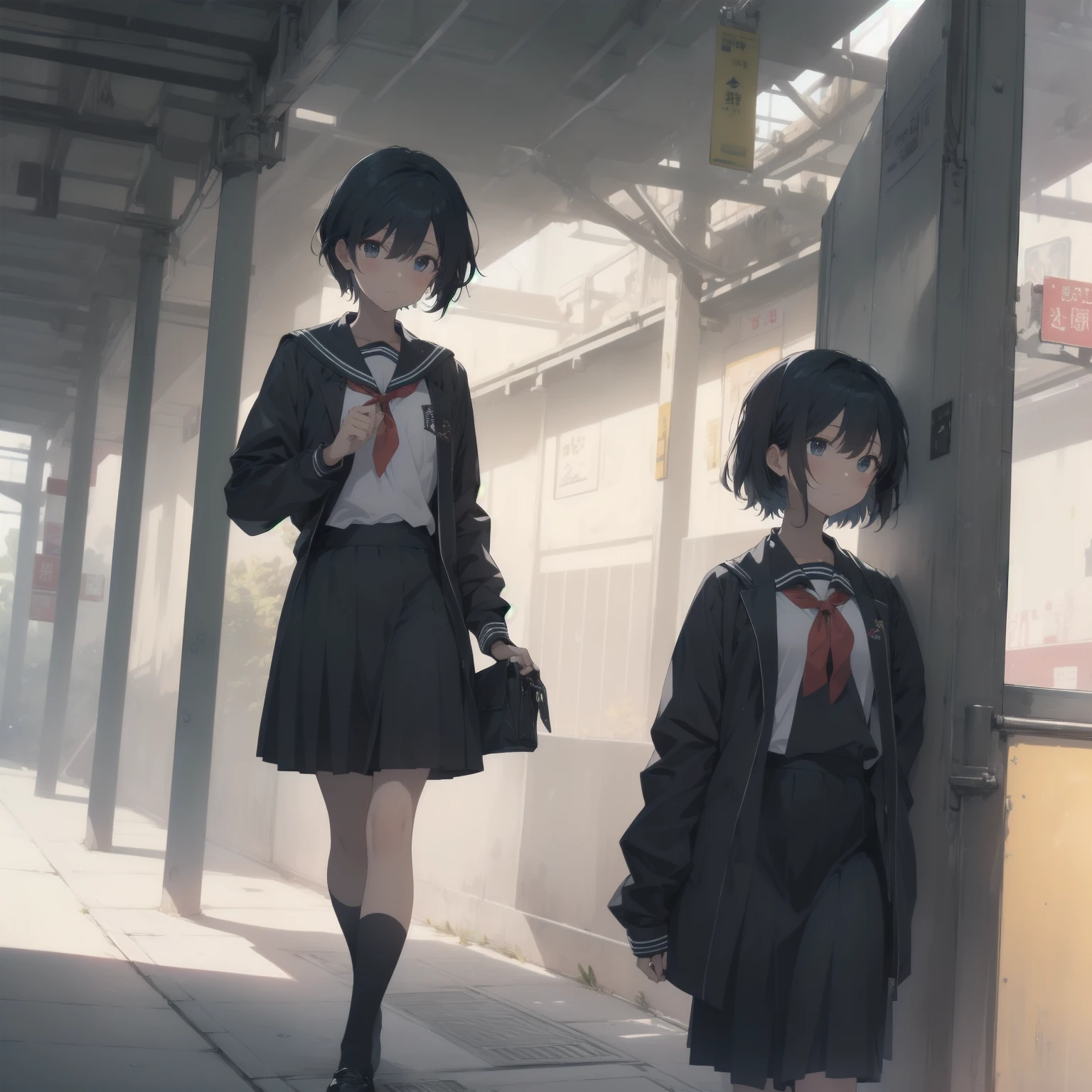 ultra-absurdres-Top quality by artist God, ultra-detailed, high resolution, anime moe artstyle, best anime 8k konachan wallpaper, pixiv contest winner, pool:2810, perfect anatomy,break, 1girl, (Please draw a girl walking sleepily to school alone. )break,(Solo,little female, 13-year-old:1.3),Full limbs, complete fingers,a junior high school student, (very short hair), short cut, flat chest, , small butt, small black eyes, beautiful detailed eyes, well-proportioned iris and pupils, expressive eyes, highres detailed hair, soft expression, salor school_uniform, sailor collar, serahuku, bow, pleated skirt,(Detailed Lighting), (Detailed background), in the School commute route. break,super detailed skin, Best cinematic lighting powered by famous artist, 8k,beauty illustration,photoshop_(medium),very aesthetic,break,((artist:haruhisky )), artist:clamp ,artist:carnelian ,artist:kantoku ,