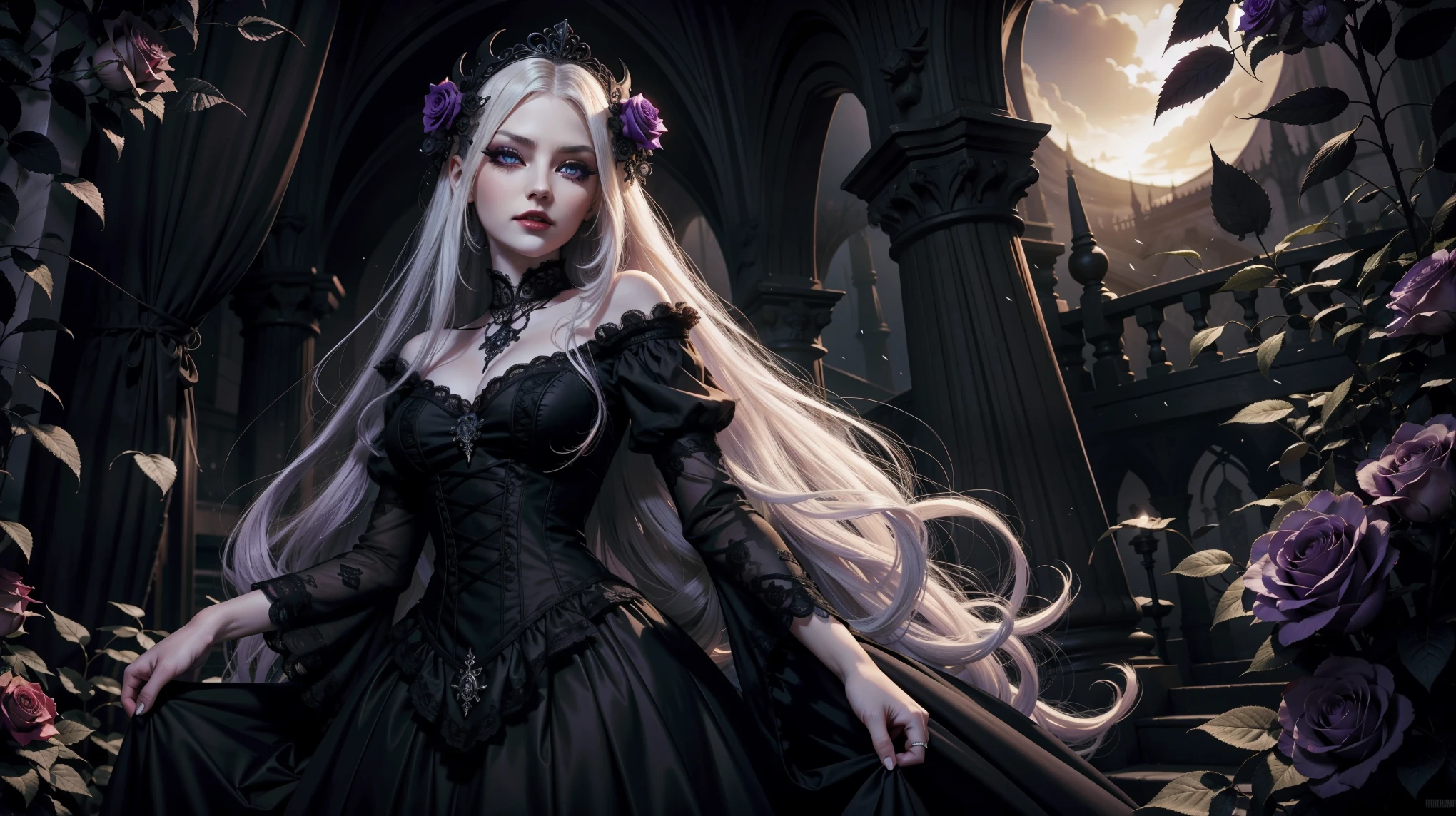 Beautiful Vampire Queen, long white hair, gothic style, haughty, roses in hair, dark black eyelashes, blue eyes, fangs, beautiful ornate purple dress, digital illustration, glitter