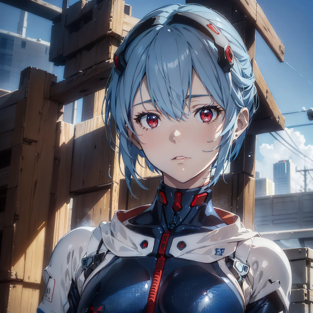 Rayanami, Rei Ayanami, (Ayanami Rei:1.2), Blue Hair, short hair, (Red eyes:1.3), break bodysuit, headgear, Plug Suit, Black bodysuit, break outdoors, city, null, sun, cloud, break looking at viewer, (Cowboy Shot:1.5), break (masterpiece:1.2), Highest quality, High resolution, unity 8k wallpaper, (figure:0.8), (Beautiful attention to detail:1.6), Highly detailed face, Perfect lighting, Highly detailed CG, (Perfect hands, Perfect Anatomy),