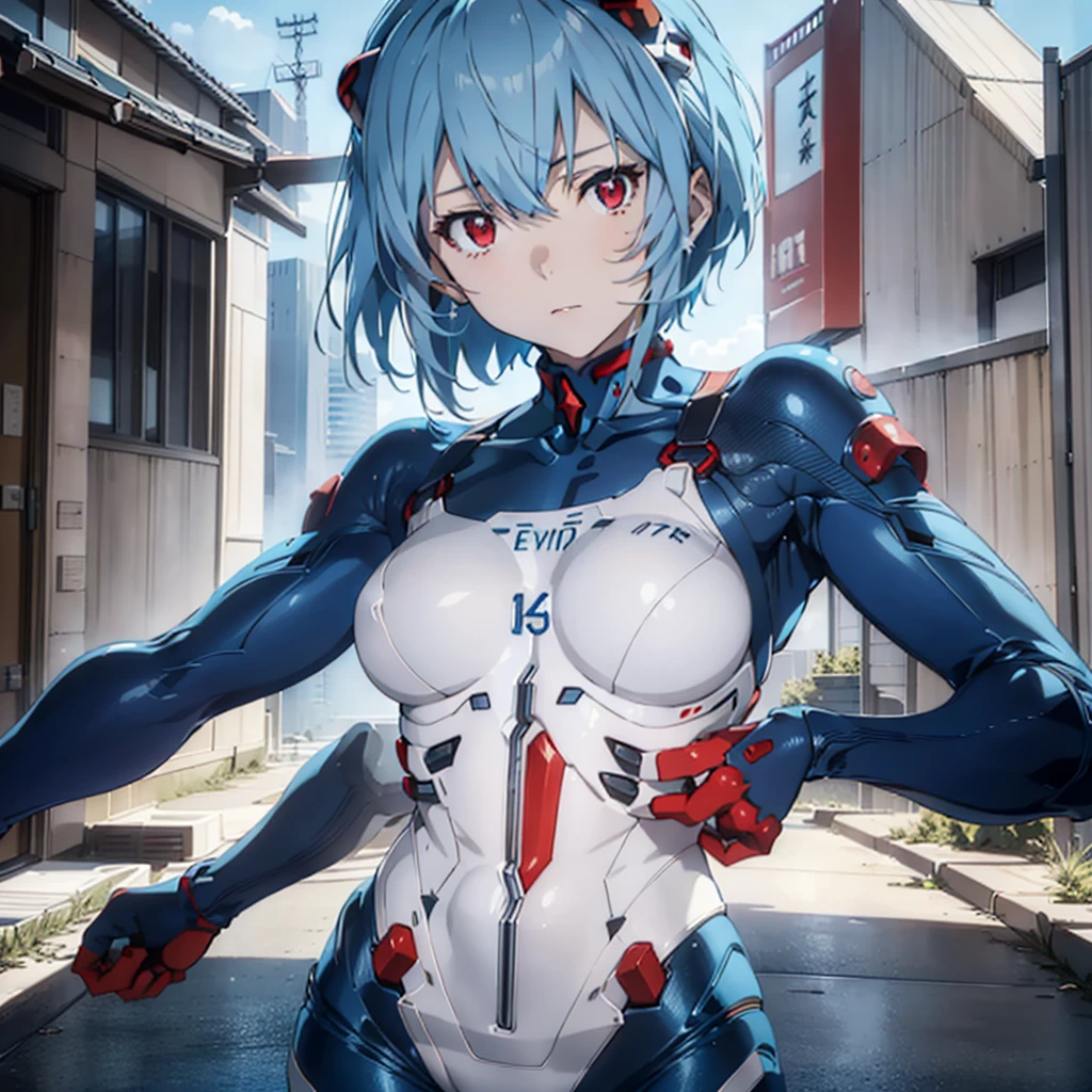 Rayanami, Rei Ayanami, (Ayanami Rei:1.2), Blue Hair, short hair, (Red eyes:1.3), break bodysuit, headgear, Plug Suit, Black bodysuit, break outdoors, city, null, sun, cloud, break looking at viewer, (Cowboy Shot:1.5), break (masterpiece:1.2), Highest quality, High resolution, unity 8k wallpaper, (figure:0.8), (Beautiful attention to detail:1.6), Highly detailed face, Perfect lighting, Highly detailed CG, (Perfect hands, Perfect Anatomy),