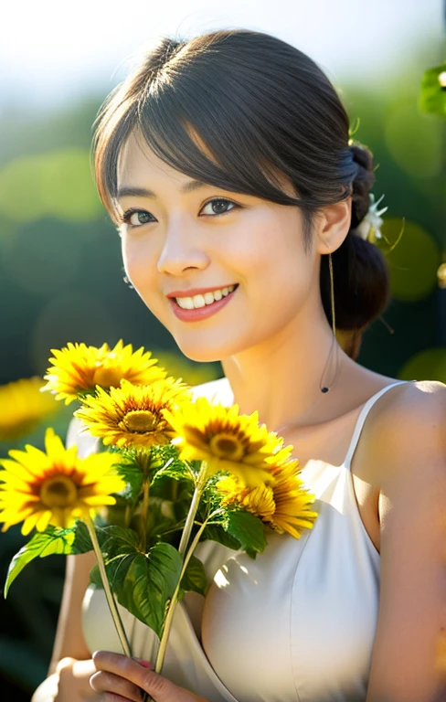 (masterpiece, best quality), outstanding details, ultra-high resolution,
anatomically correct, wide shot, atmospheric perspective,
A beautiful woman walking along a stream in the forest, A lovely Japanese woman, 30 years old,
cowboy shot, (holding a sunflower, reaching out),
(chubby),
Happy smile, Mouth slightly open, looking at viewer,
round face, tareme, Downturned Eyes, pupils sparkling, small cute nose, thin lips, thin eyebrows,
brown hair, low ponytail, short hair, swept bangs,
(wearing A white elegant slip dress made of a transparent smooth material),
(background: Serene riverside with blossoming wildflowers at the forest)
depth of field, backlighting, morning sunlight, cinematic lighting, Reflected light from below, reflection light, dreamy atmosphere, animated expression,