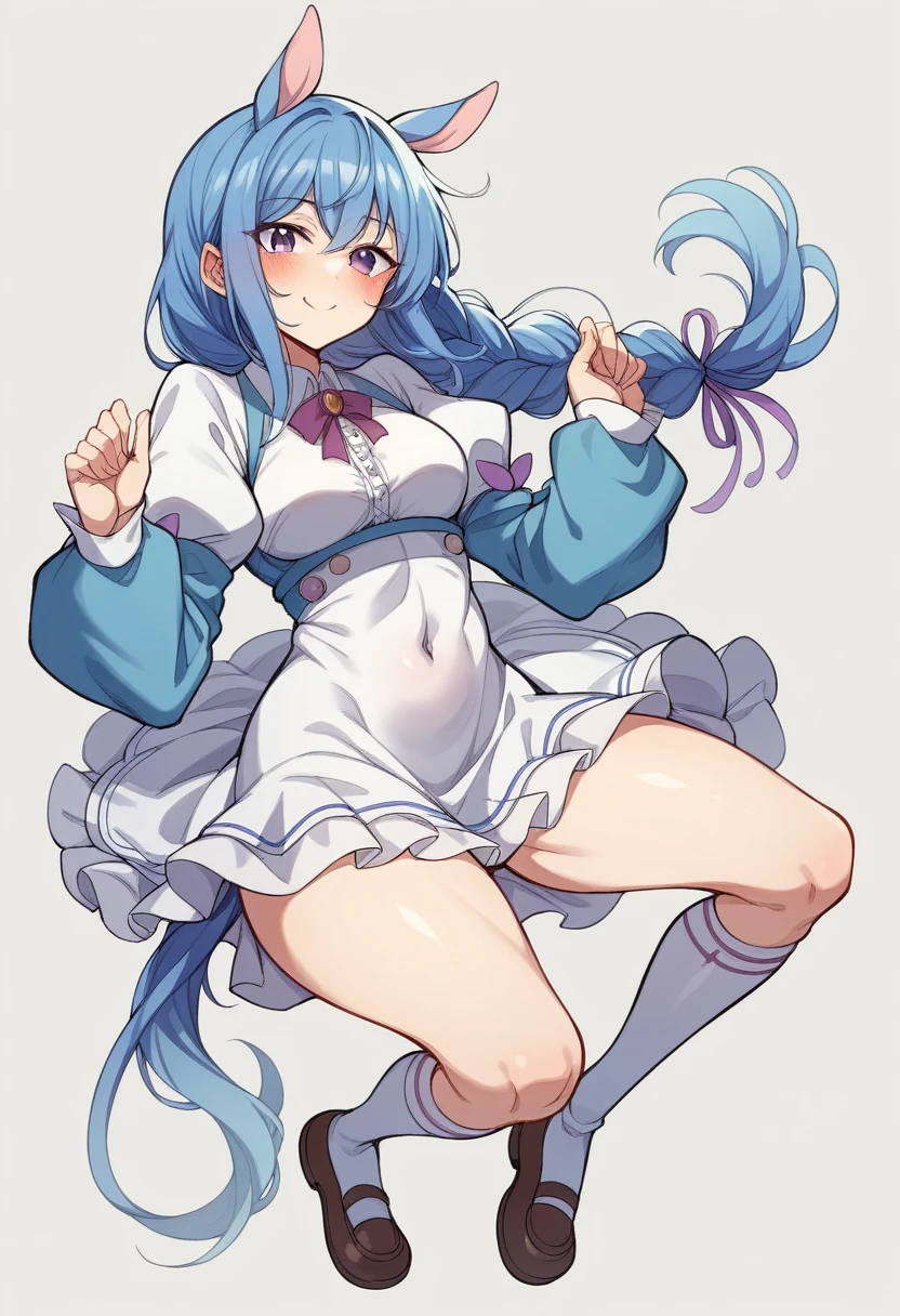 1 girl、solo、Long Hair、chest、Staring at the audience、blush、smile、bangs、大きなchest、Simple Background、Knee socks、Long sleeve、White background、dress、Animal Ears、chestの谷間、Closed Mouth、Blue Hair、Purple Eyes、tail、Braid、Thighs、Different costumes、Puffy sleeves、黒いdress、白いKnee socks、Covered navel、Horse's ears、Juliet's Sleeves、horse girl、Pelvic Curtain、馬のtail、Nunonastic uniform、earrings、chestのカーテン