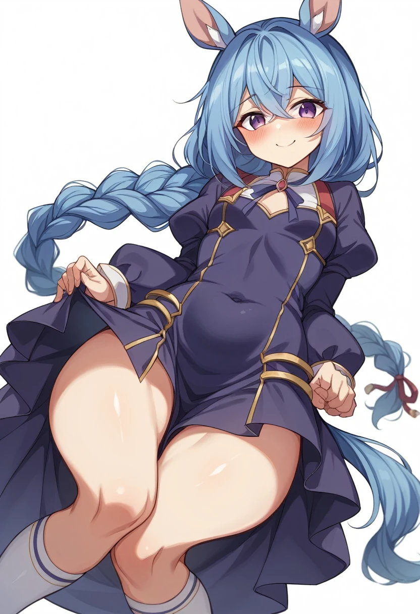 1 girl、solo、Long Hair、chest、Staring at the audience、blush、smile、bangs、大きなchest、Simple Background、Knee socks、Long sleeve、White background、dress、Animal Ears、chestの谷間、Closed Mouth、Blue Hair、Purple Eyes、tail、Braid、Thighs、Different costumes、Puffy sleeves、黒いdress、白いKnee socks、Covered navel、Horse's ears、Juliet's Sleeves、horse girl、Pelvic Curtain、馬のtail、Nunonastic uniform、earrings、chestのカーテン