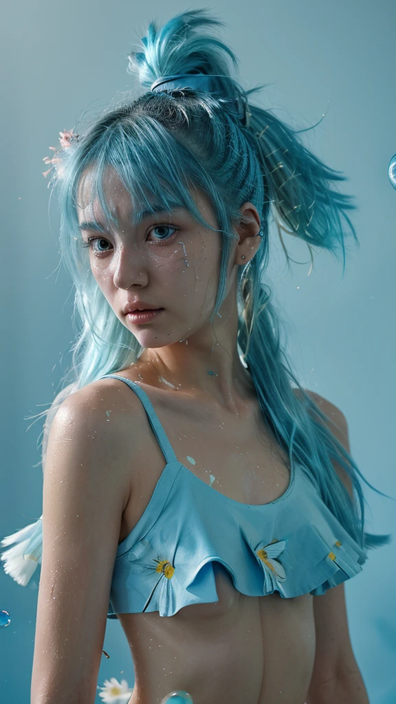 (Masterpiece), (best quality), (Very detailed),(messy hair),(illustration), (1 girl), (fashion clothes), stand, fashion model, look at viewer, (interview), (พื้นหลังที่smoothง่าย),Beautifully detailed eyes, delicate beautiful face, floating,(high saturation),(colorful splashes),colorful bubbles,(shine), Focus on the face,  ponytail, Kamisato Ayaka, light blue hair, smooth, hair ring, floating flowers, Floating feathers, (shine), best light, best shadow,