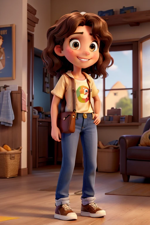 Movie masterpiece of a beautiful light brunette girl in her 20s with medium brown wavy hair and bright brown eyes and with a bright smile wearing baggy blue jeans with a brown shirt and black sneakers