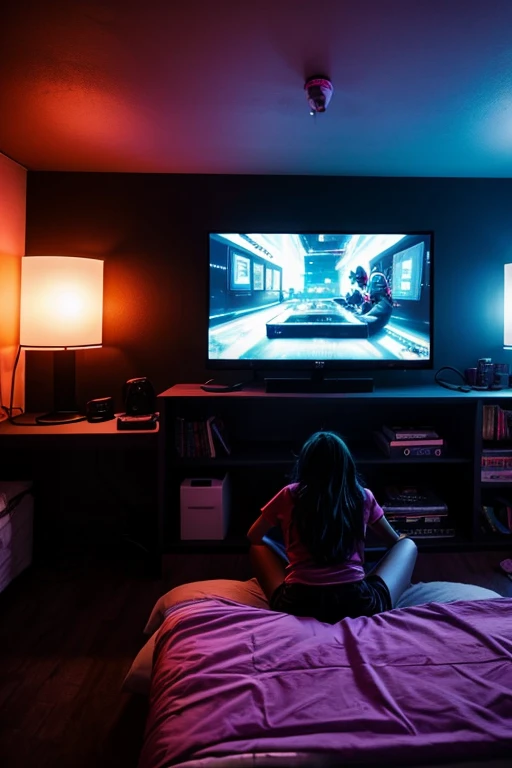 A girl plays video games while sitting on the bed in the room, Big TV, room with books, Cyberpunk, inspired by Liam Wong, night, darkroom, Low-fidelity illustration style, Gamers Room, Studying in the room, Cyril tumble and m.Vacaruta, teenm.
