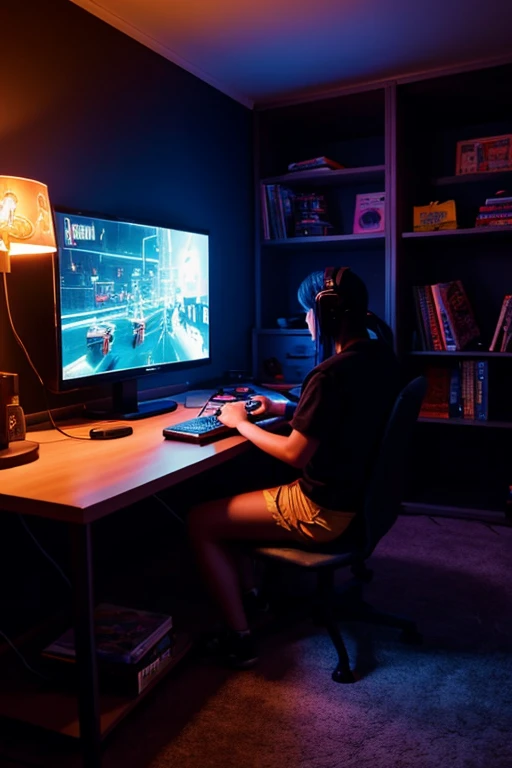 A girl plays video games while sitting on the bed in the room, Big TV, teen room with books, Cyberpunk, inspired by Liam Wong, night, darkroom, Low-fidelity illustration style, Gamers Room, Studying in the room, Cyril tumble and m.Vacaruta, teen room.