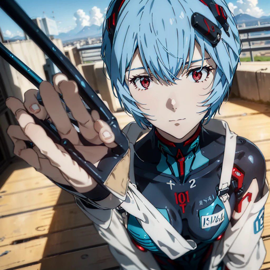 Rayanami, Rei Ayanami, (Ayanami Rei:1.2), Blue Hair, short hair, (Red eyes:1.3), break bodysuit, headgear, Plug Suit, Black bodysuit, break outdoors, city, null, sun, cloud, break looking at viewer, (Cowboy Shot:1.5), break (masterpiece:1.2), Highest quality, High resolution, unity 8k wallpaper, (figure:0.8), (Beautiful attention to detail:1.6), Highly detailed face, Perfect lighting, Highly detailed CG, (Perfect hands, Perfect Anatomy),