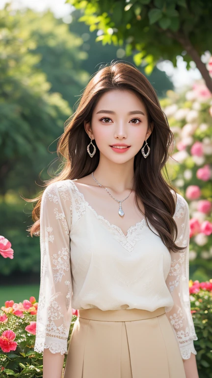 (Highest quality、 8k 、masterpiece、High resolution)、wallpaper、Young Woman、Ample breasts、Beautiful clavicle、Slender beauty、(Brown hair medium、My hair is blowing in the wind、Flows backwards)、whole body、 (Beautiful Face,Beautiful Eyes,Beautiful nose,Pretty lips)、(Flower Earrings、silver heart pendant necklace)、(Feminine Style、White 3/4 sleeve lace blouse、Beige skirt)、Her mouth opens slightly and a smile appears.、Dynamic pose、Outdoor、garden、Colorful flowers、looking at the camera、Professional Lighting、Professional photographer、