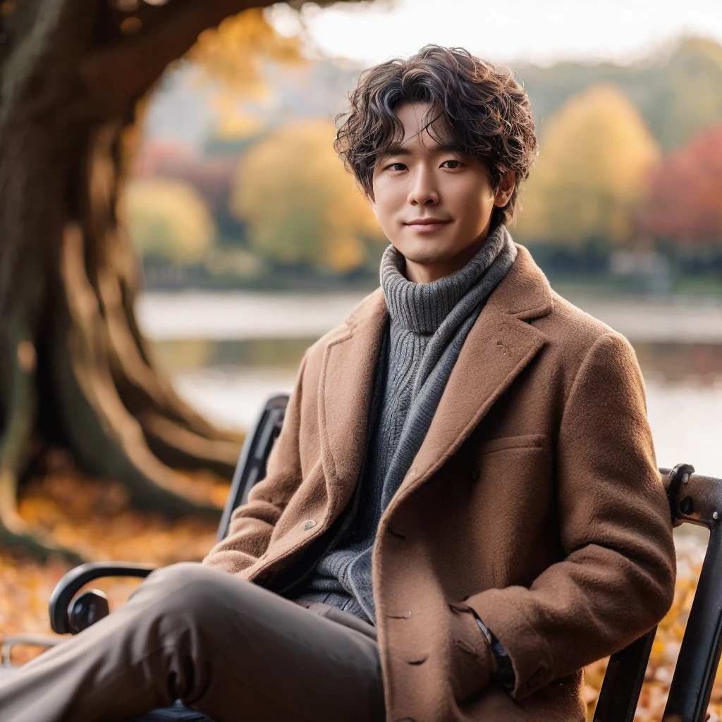 Realistic photo of korean man, 35 year old,ckean face with wavy curly short hair, wearing complete autumn clothes, such as a jacket, shoes or warm coat, faint smile facing the camera while sitting on an iron bench under a large tree that is shedding its leaves in autumn. The background shows a beautiful lake with autumn colors and is surrounded by a neat fence, and the image is highly detailed with a bokeh effect in the background.