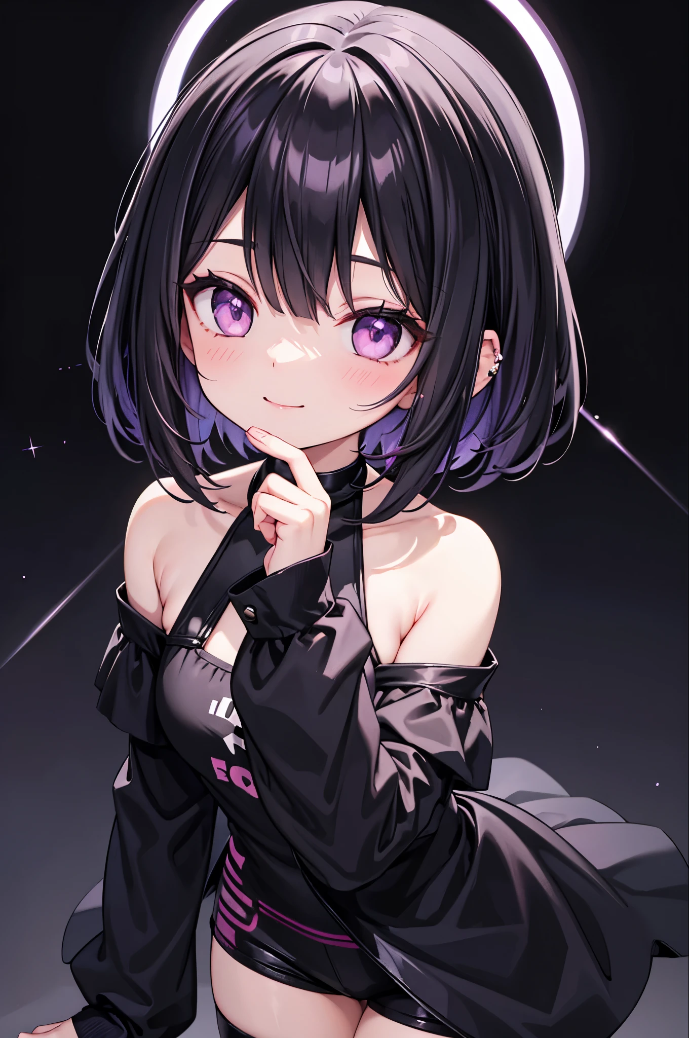 high resolution,smile,woman,woman1人,adult,cute,Medium bob hair,Black Hair,Black inner color,Purple eyes, Pink off-shoulder top,Black shorts,Piercing,Black choker,Touching the cheek with the hand,Background white,smile,Sparkling eyes,