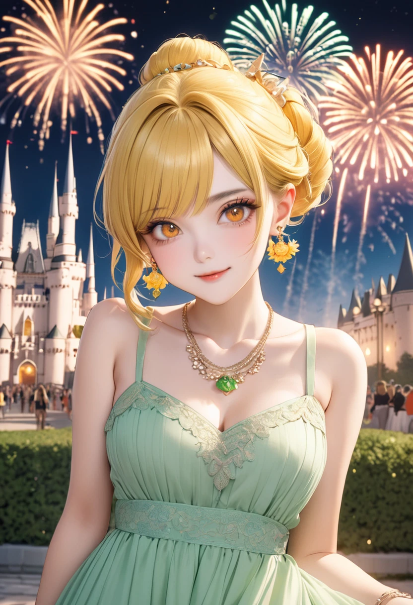 1 female Yellow hair updo Yellow eyebrows Orange eyes society Pastel green long dress Castle and fireworks Hair clip Earrings and matching necklace