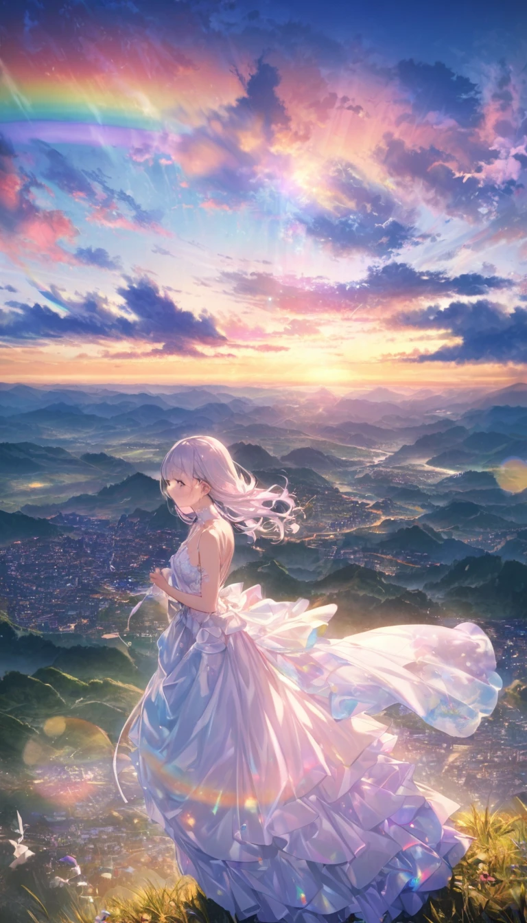 rainbow色の傘、Angel Umbrella, Detailed landscape, sunrise, rainbow, Rainy Town, horizon, In the sky, cloud、rainbow色のcloud , Lens flare, colorful, An atmosphere full of dreams and hope,masterpiece.16K, Ultra-high resolution, to be born,wonderful ,future、rainbow色の、The world 30 years from now。