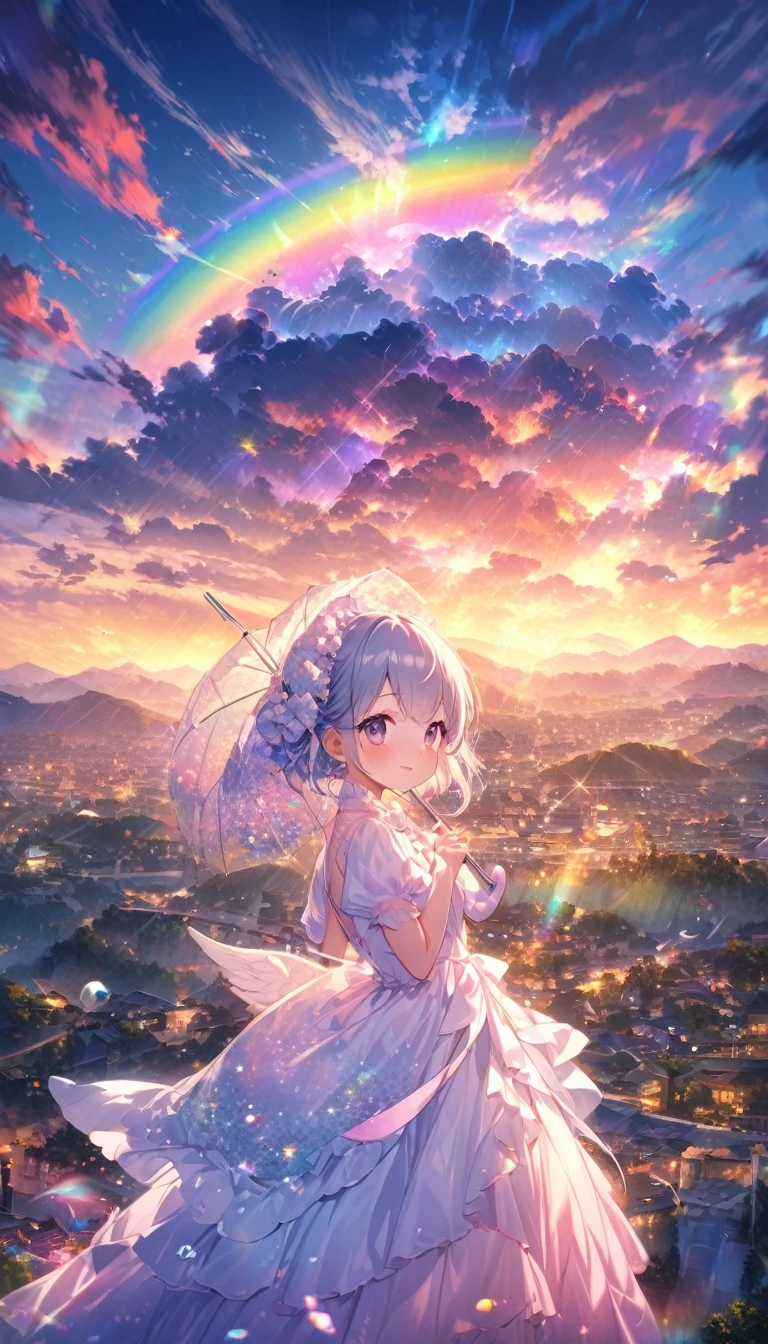 rainbow色の傘、Angel Umbrella, Detailed landscape, sunrise, rainbow, Rainy Town, horizon, In the sky, cloud、rainbow色のcloud , Lens flare, colorful, An atmosphere full of dreams and hope,masterpiece.16K, Ultra-high resolution, to be born,wonderful ,future、rainbow色の、The world 30 years from now。