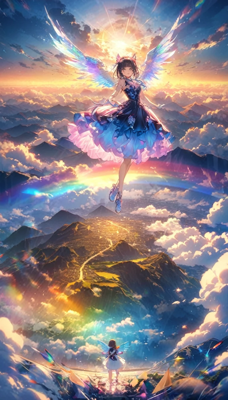 rainbow色の傘、Angel Umbrella, Detailed landscape, sunrise, rainbow, Rainy Town, horizon, In the sky, cloud、rainbow色のcloud , Lens flare, colorful, An atmosphere full of dreams and hope,masterpiece.16K, Ultra-high resolution, to be born,wonderful ,future、rainbow色の、The world 30 years from now。