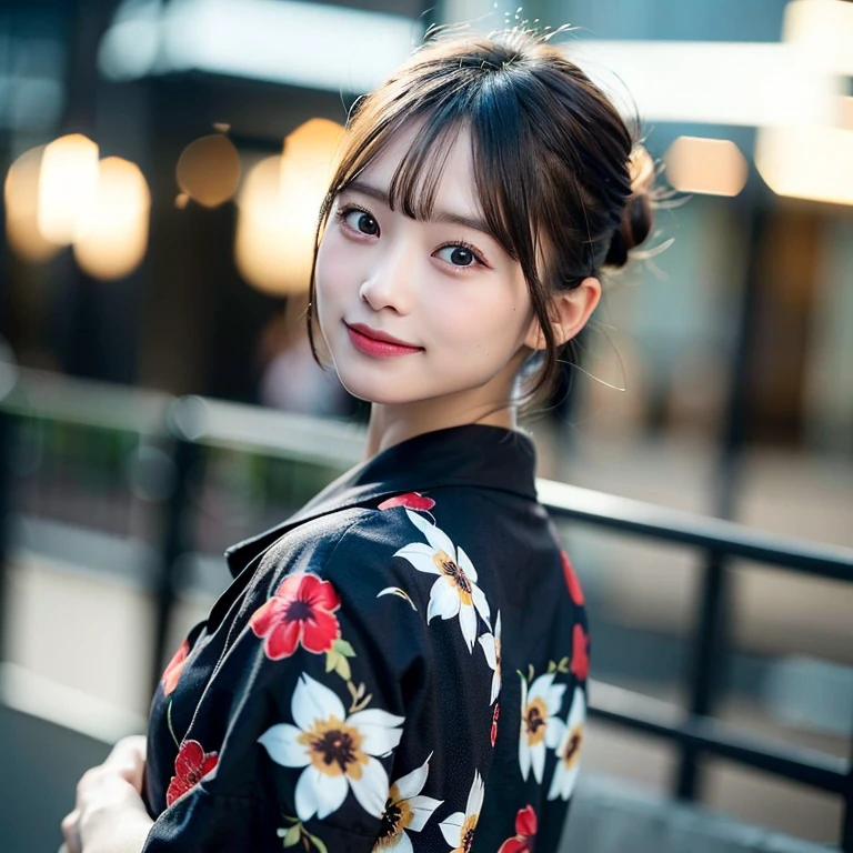 (Highest quality, 8k, 32K, Masseter muscle area, Hmph:1.2), (from behind: 1.8), (Gazing-into-the-Distance: 1.3), (Slim figure:1.2), (Lips) , double eyelid, Glowing Skin, Realistic Layer, Beautiful Face, (half smile:1.2), (short hair:1.4), Blurred Background, (Front Focus), (dark: 1.6), 1 girl, solo, Fantasy art, Photorealistic, Professional Lighting, Highly detailed face, Deep Shadow, (blasck yukata printed frowers), Fireworks