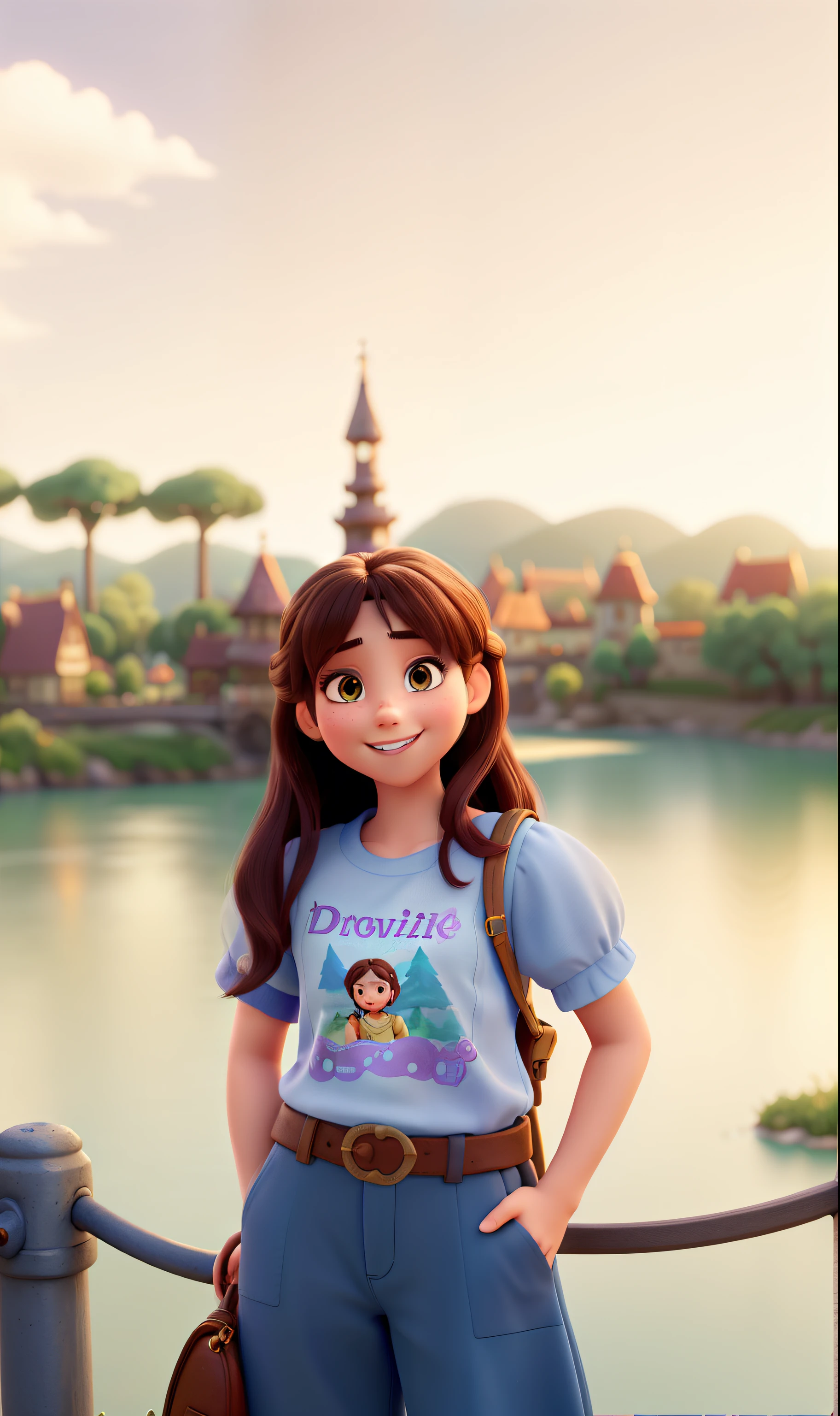 1girl, disney pixar style, beautiful detailed eyes, beautiful detailed lips, show teeth in a smile, Face dimples, extremely detailed face and portrait, delicate facial features, intricate details, high quality, Shirt has a flower on it, best quality, 4k, 8k, ultra-detailed, photorealistic, photo-realistic, vibrant colors, cinematic lighting, dramatic lighting, warm color palette, fantasy, magical, whimsical, dreamlike, imaginative, cinematic, studio ghibli inspired dress and smile