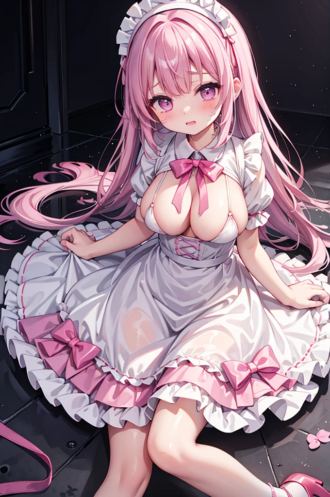 Highest quality、Shiny silk short sleeve puff sleeve pink maid outfit、See-through、Micro Mini Skirt、Very large bow、White ruffled apron、White garter belt with ribbon、Pink high heels with ribbon、Large headband with ribbon、Flushed Cheeks、Crying face、panic、Big Breasts、Soaking wet、incontinence、No bra、Hold the skirt with your hands、Looking up from below、On the circular stage