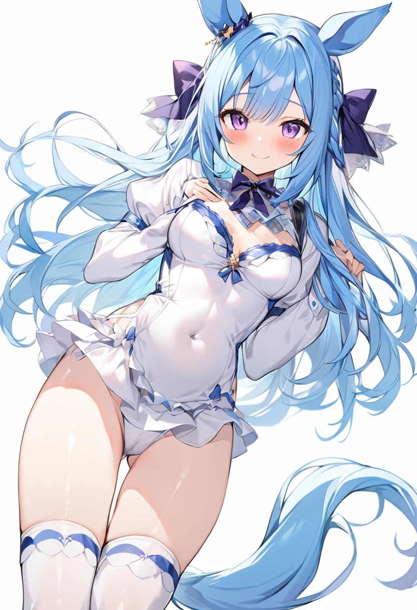 1 girl、solo、Long Hair、chest、Staring at the audience、blush、smile、bangs、大きなchest、Simple Background、Knee socks、Long sleeve、White background、dress、Animal Ears、chestの谷間、Closed Mouth、Blue Hair、Purple Eyes、tail、Braid、Thighs、Different costumes、Puffy sleeves、黒いdress、白いKnee socks、Covered navel、Horse&#39;s ears、Juliet&#39;s Sleeves、horse girl、Pelvic Curtain、馬のtail、Nunonastic uniform、earrings、chestのカーテン