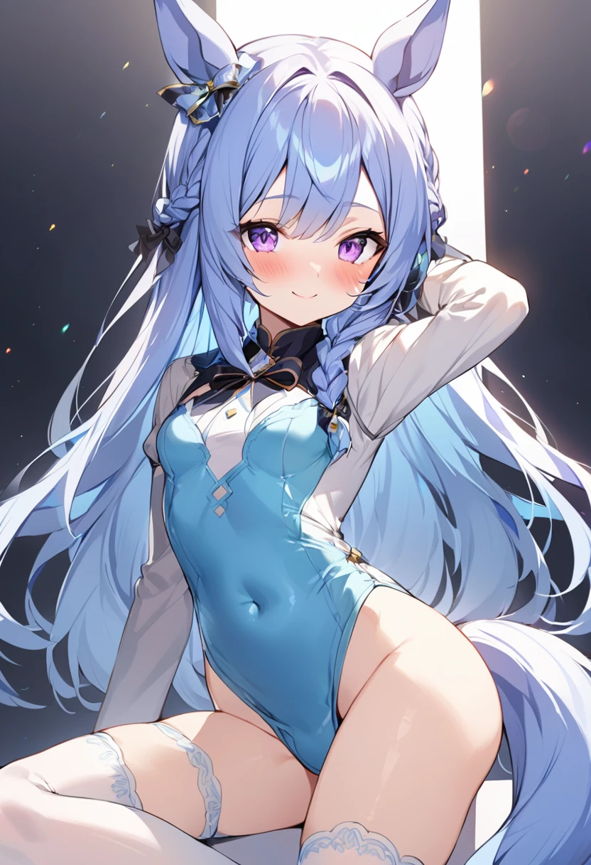 1 girl、solo、Long Hair、chest、Staring at the audience、blush、smile、bangs、大きなchest、Simple Background、Knee socks、Long sleeve、White background、dress、Animal Ears、chestの谷間、Closed Mouth、Blue Hair、Purple Eyes、tail、Braid、Thighs、Different costumes、Puffy sleeves、黒いdress、白いKnee socks、Covered navel、Horse&#39;s ears、Juliet&#39;s Sleeves、horse girl、Pelvic Curtain、馬のtail、Nunonastic uniform、earrings、chestのカーテン