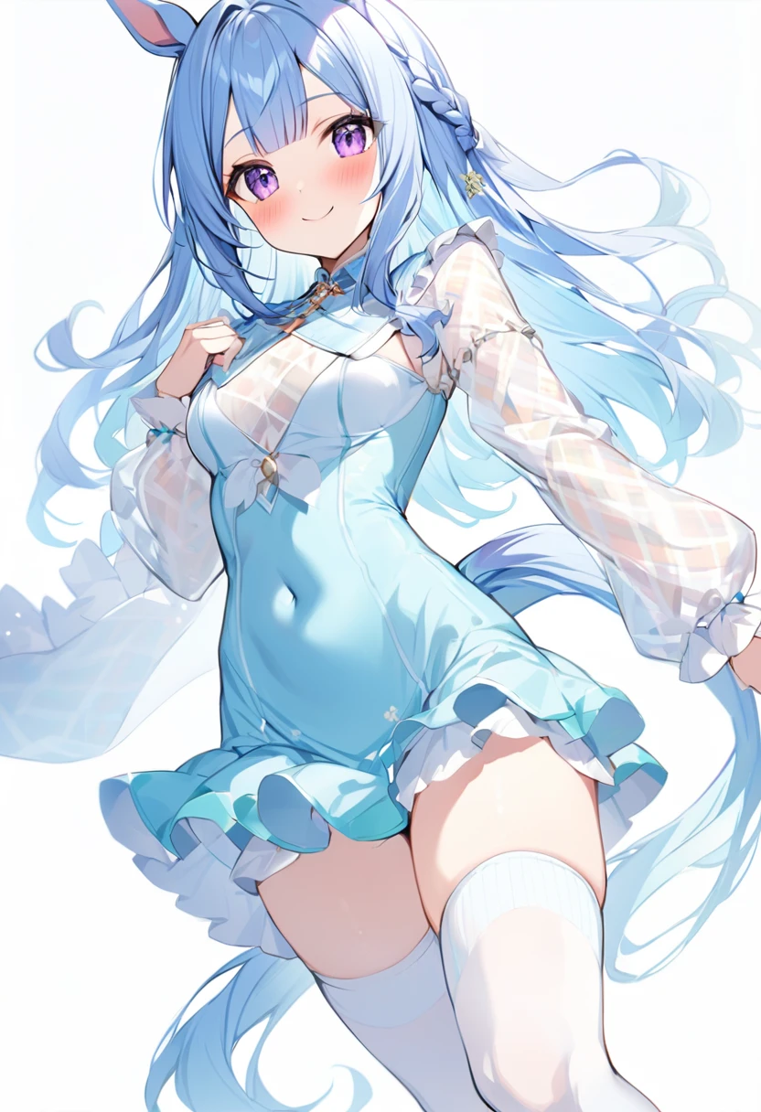 1 girl、solo、Long Hair、chest、Staring at the audience、blush、smile、bangs、大きなchest、Simple Background、Knee socks、Long sleeve、White background、dress、Animal Ears、chestの谷間、Closed Mouth、Blue Hair、Purple Eyes、tail、Braid、Thighs、Different costumes、Puffy sleeves、黒いdress、白いKnee socks、Covered navel、Horse's ears、Juliet's Sleeves、horse girl、Pelvic Curtain、馬のtail、Nunonastic uniform、earrings、chestのカーテン
