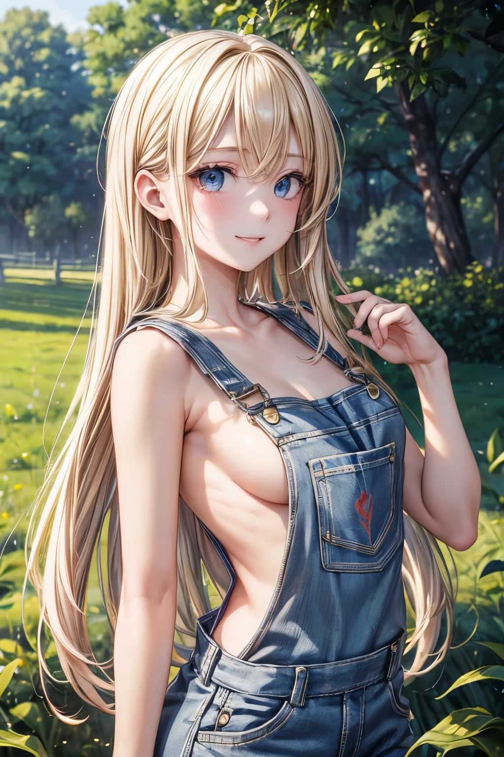 masterpiece,Highest quality,Very detailed,Looking to the side美少女,Blonde,Completely naked,Overalls,(Looking to the side), ager,Perfect Face,Beautiful and detailed eyes,Beautiful Skin,skinny,Dynamic,smile,farm