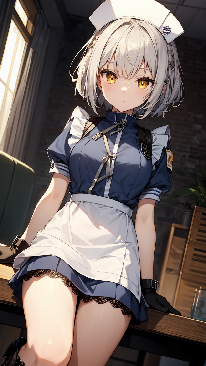 ((chibi)),Himurosena yellow eyes, short hair,gray hair, low length,gloves, blue clothes, apron,midi skirt, lace up boots,nurse cap, armband,masterpiece,Noise Reduction,perfect anatomy,high resolution, ultra-detailed, ultra-detailed face,game cg,dutch angle ,beautiful detailed eyes,visualart,five fingers, perfect hands, perfect lighting, sparkling pupils,