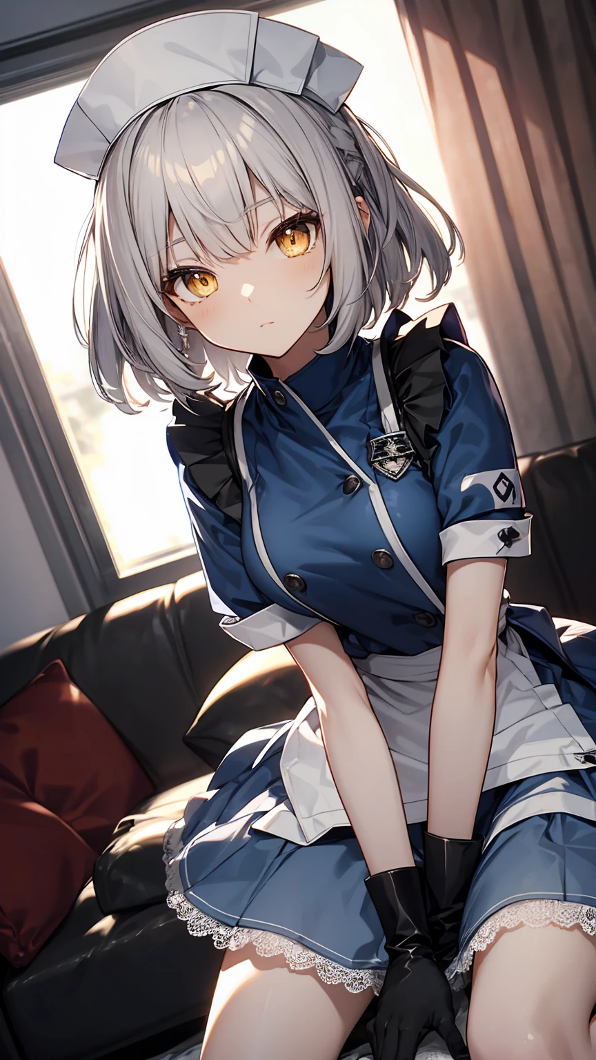 ((chibi)),Himurosena yellow eyes, short hair,gray hair, low length,gloves, blue clothes, apron,midi skirt, lace up boots,nurse cap, armband,masterpiece,Noise Reduction,perfect anatomy,high resolution, ultra-detailed, ultra-detailed face,game cg,dutch angle ,beautiful detailed eyes,visualart,five fingers, perfect hands, perfect lighting, sparkling pupils,