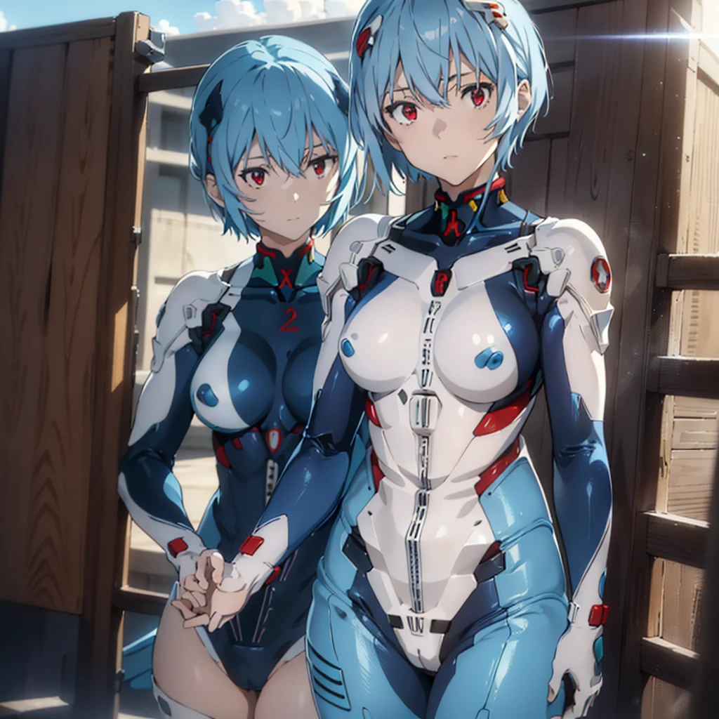 Rayanami, Rei Ayanami, (Ayanami Rei:1.2), Blue Hair, short hair, (Red eyes:1.3), break bodysuit, headgear, Plug Suit, Black bodysuit, break outdoors, city, null, sun, cloud, break looking at viewer, (Cowboy Shot:1.5), break (masterpiece:1.2), Highest quality, High resolution, unity 8k wallpaper, (figure:0.8), (Beautiful attention to detail:1.6), Highly detailed face, Perfect lighting, Highly detailed CG, (Perfect hands, Perfect Anatomy),