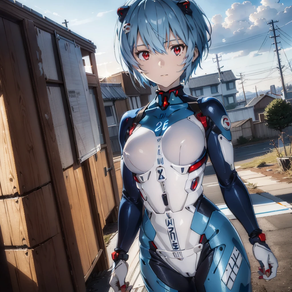 Rayanami, Rei Ayanami, (Ayanami Rei:1.2), Blue Hair, short hair, (Red eyes:1.3), break bodysuit, headgear, Plug Suit, Black bodysuit, break outdoors, city, null, sun, cloud, break looking at viewer, (Cowboy Shot:1.5), break (masterpiece:1.2), Highest quality, High resolution, unity 8k wallpaper, (figure:0.8), (Beautiful attention to detail:1.6), Highly detailed face, Perfect lighting, Highly detailed CG, (Perfect hands, Perfect Anatomy),