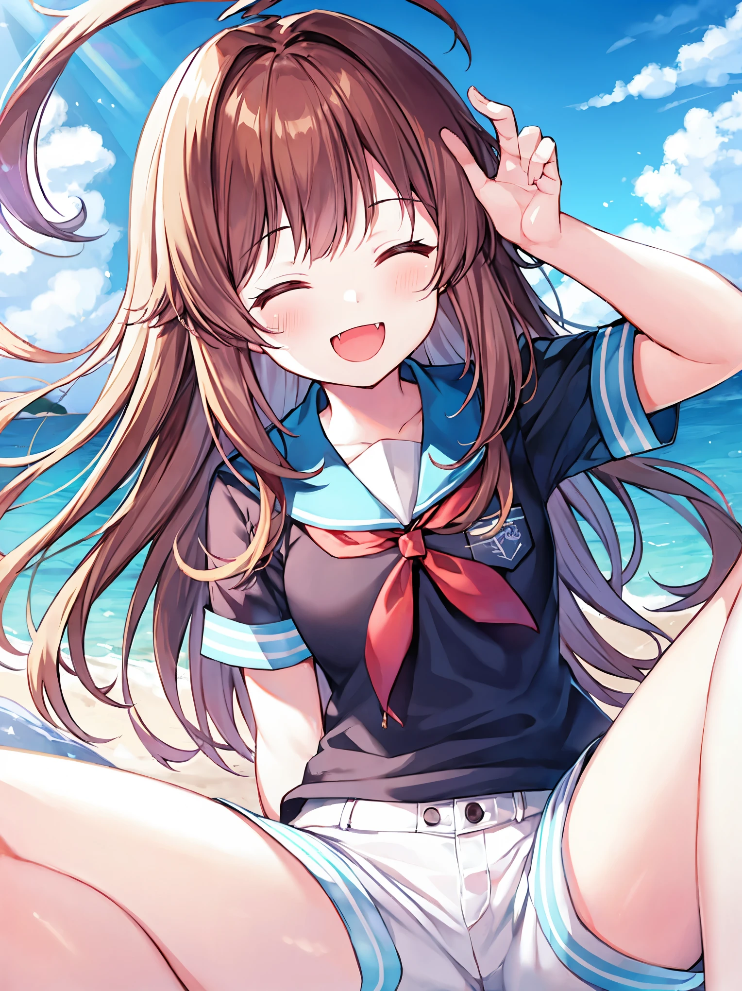 1young__ girl,  brown_hair, long_hair, sailor_uniform,white_ baggy_shorts, short_sleeve, thighs, small_breasts, big_smile, open_mouth, fang, harbor_landscape_background, slightly_spread_legs, happiness, covered_crotch,ahoge,XD,exciting_posing,closed_eyes