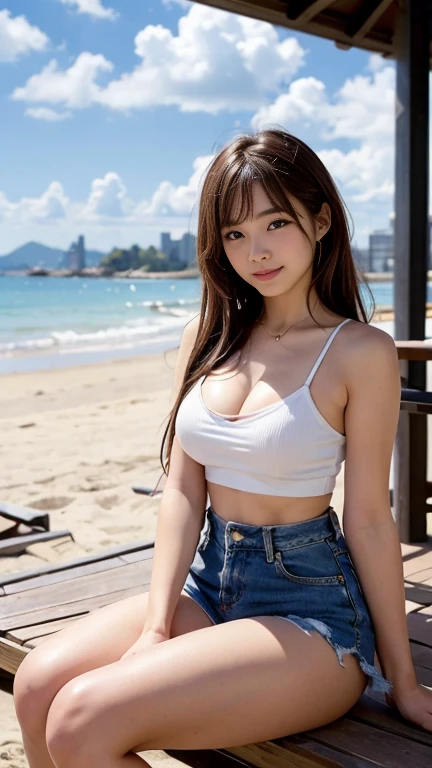 Highest quality, masterpiece, High resolution, 16K quality, beautiful , Long black hair, beautiful目, A very cute Japanese high school girl who looks like an idol, Sheer white panties , camisole, Too short denim mini skirt, plump and big breasts, camisoleがはち切れそうなパンパンの胸, Thin legs, The body is slim, Sitting on the beach with legs spread, blush, She is looking at the camera, Smile a little, Dreamy look, beautiful clouds in madder color,