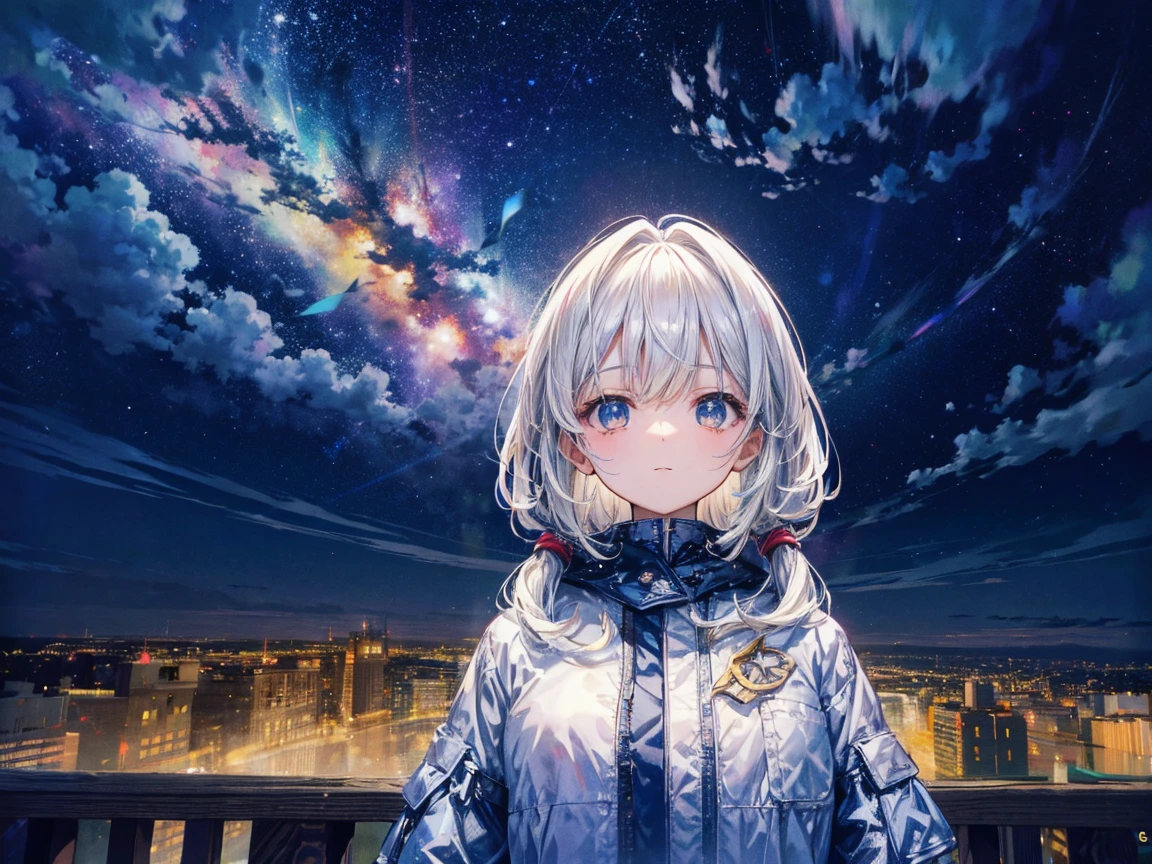 Octanellender, empty, star (empty), landscape, star空, night, Big Girls, night空, alone, outdoor activities, building, cloud, milky way, sit, wood, Long white hair, city, Contour, City view, Look up at the sky, 8k, 美しいnight空, Ray Tracing, masterpiece, Cute Face