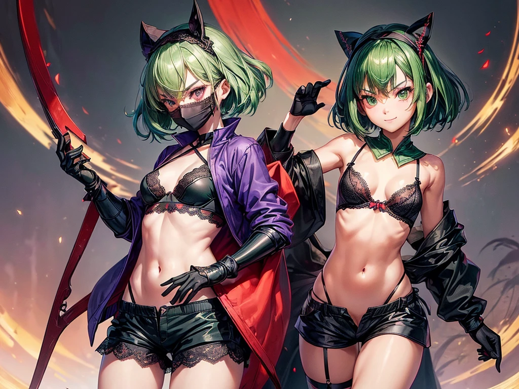 (((top-quality, masterpiece))), (best quality), (detailed), depict one young ninja girl, determined, smiling, highly detailed beautiful face, delicate girl, delicate face, (((green hair))), short hair, ((red pearl headband)), purple eyes, (((small breasts))), nice hips, flat belly, slim waist, define collarbone, ((black mask cover mouth)), (silk purple jacket), open belly, (((cute black lace bra))), black gloves, (((black sill shorts))), ((red stocking)), cinematic shadow, japanese garden, sunny, Japanese atmosphere, ninja atmosphere