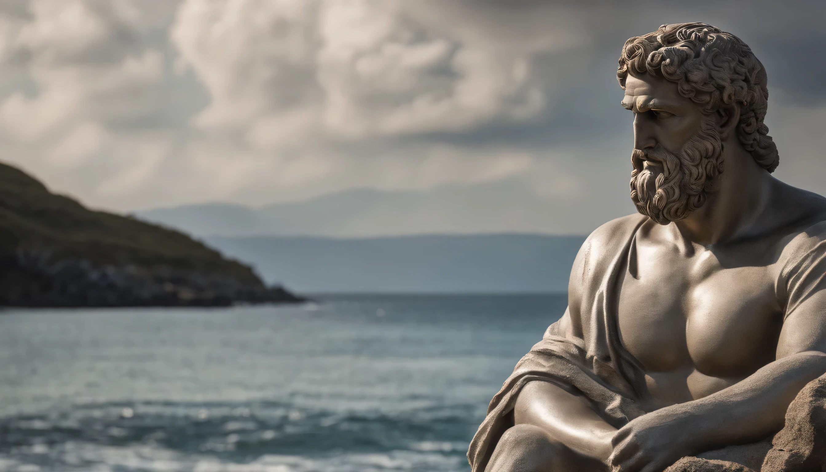 Statue of Greek stoic man with strong and robust body, similar to the ancient statue of Zeus, Wet with water on the body, white and silver eyes, sea landscape background,
sea water splashing on the statue looking wet, rain effect, rays passing behind the statue in several places in the photo